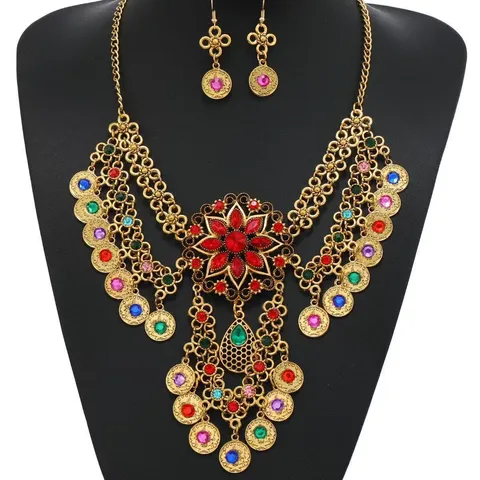 Vintage Bohemian Mehrlagig Kristall Münze Choker Halskette Ohrringe Set Damen Ethno Quaste Strass Schmuckset