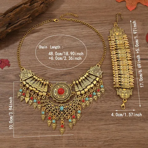 Vintage Ethnisch Legierung Strass Schmuckset Bohemian Wassertropfen Quaste Halskette Mehrlagiges Armband Statement Set Für Damen Party Schmuck