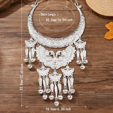 Ethnic Miao Style Peacock Bell Tassel Collar Necklace Traditional Folk Dance Performance Jewelry For Women Silver Tone Alloy Necklace