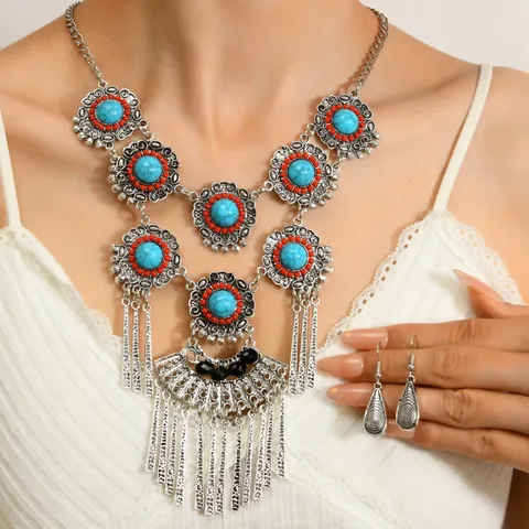 Bohemian Vintage Zinc Alloy Artificial Pearl Rhinestone Pendant Necklace Waterdrop Tassel Earrings Jewelry Set For Women Party Gift