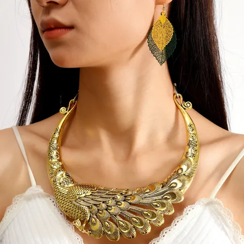 Overdreven Retro Etnische Pauw Choker Ketting Oorbellen Set Voor Dames Zinklegering Antiek Goud Zilveren Sieraden Cadeau