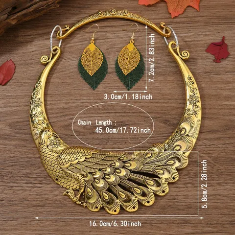 Overdreven Retro Etnische Pauw Choker Ketting Oorbellen Set Voor Dames Zinklegering Antiek Goud Zilveren Sieraden Cadeau