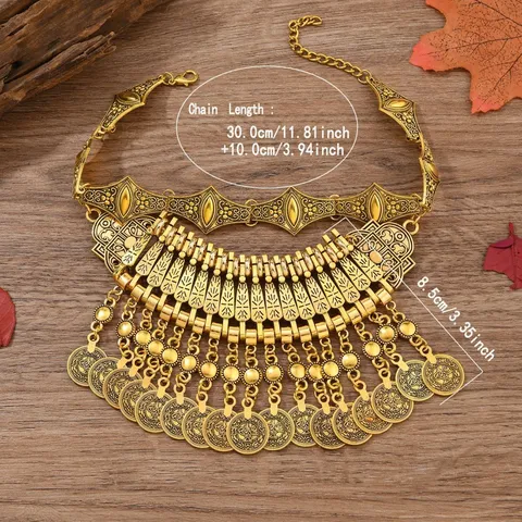Vintage Ethno Mehrlagige Münze Quaste Halskette Geometrische Raute Choker Set Zinklegierung Galvanisierter Schmuck Für Damen