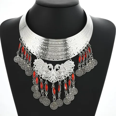 Vintage Ethno Zinklegierung Pfau Quaste Choker Halskette Mehrlagig Statement Strass Münze Anhänger Kragen Schmuck Für Bankett Party