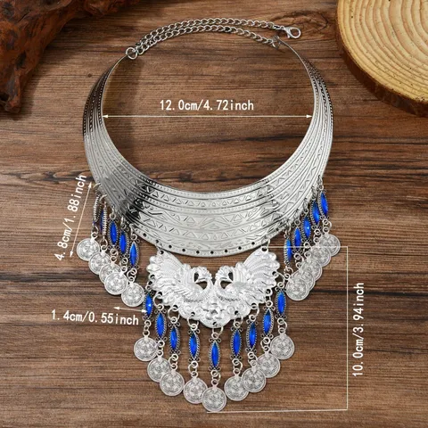 Vintage Ethno Zinklegierung Pfau Quaste Choker Halskette Mehrlagig Statement Strass Münze Anhänger Kragen Schmuck Für Bankett Party