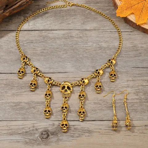 Halloween Zinklegierung Totenkopf Mehrlagige Halskette Ohrringe Set Vintage Gothic Punk Übertriebenes Modeschmuck Set Für Party Unisex