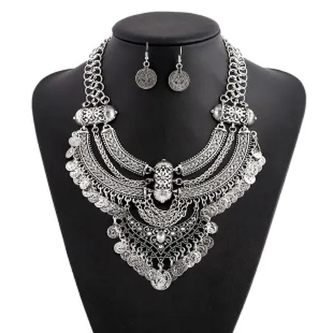 Vintage Legierung Münze Quaste Schmuckset Boho Geometrischer Halbmond Gliederkette Statement Halskette Ohrringe Set Für Damen Ethno Party Schmuck