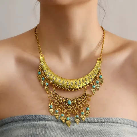 Vintage Ethnisch Zinklegierung Statement Halskette Strass Quaste Wassertropfen Anhänger Choker Für Damen Boho Palast Lätzchen Halskette Schmuck