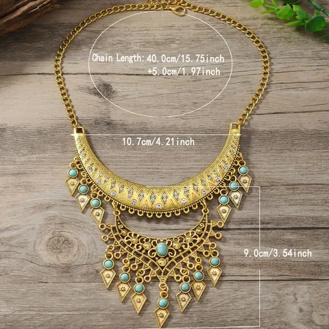 Vintage Ethnisch Zinklegierung Statement Halskette Strass Quaste Wassertropfen Anhänger Choker Für Damen Boho Palast Lätzchen Halskette Schmuck