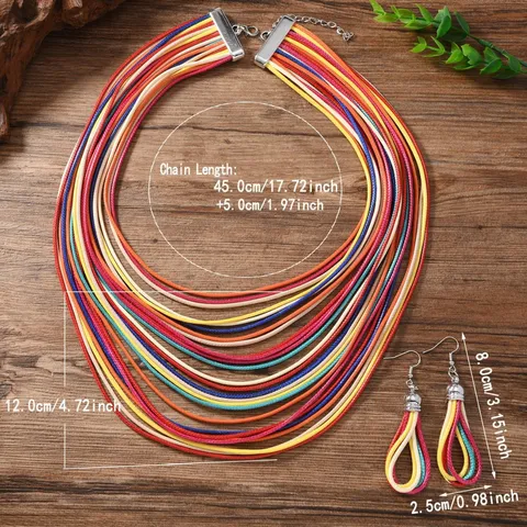 Bohemian Mehrschichtige Wachskordel Handgewebte Choker Kette Quasten Ohrringe Schmuckset Damen Ethno Retro Modeschmuck