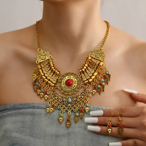 Retro Ethnic Style Water Drop Tassel Necklace Earring Set Bohemian Zinc Alloy Jewelry Set For Women Vintage Sweater Chain