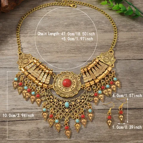 Retro Ethnic Style Water Drop Tassel Necklace Earring Set Bohemian Zinc Alloy Jewelry Set For Women Vintage Sweater Chain