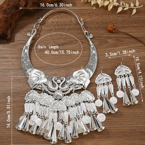 Ethnic Miao Silver Elephant Pendant Necklace Earrings Set Bohemian Bell Tassel Collar For Dance Performance Women Jewelry