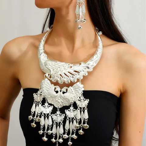 Ethnic Style Alloy Peacock Jewelry Set For Women Vintage Hmong Miao Necklace Earrings Tassel Bell Pendant Necklace Dance Accessory