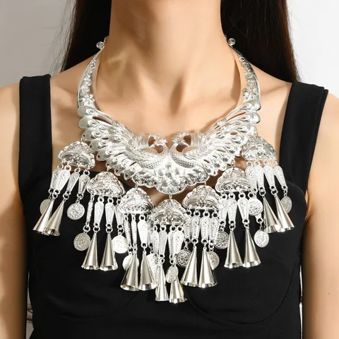 Ethnic Miao Style Zinc Alloy Peacock Choker Necklace With Bells Coin Pendants Silver Statement Performance Jewelry For Women