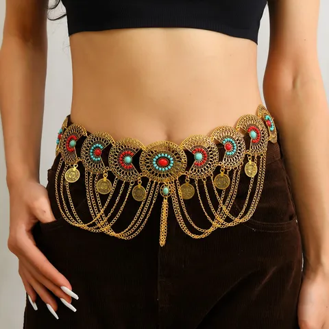 Bohemian Ethnic Style Tassel Coin Belly Dance Waist Chain For Women Antique Gold Plated Rhinestone Engraved Metal Plate Body Chain Jewelry Accessory