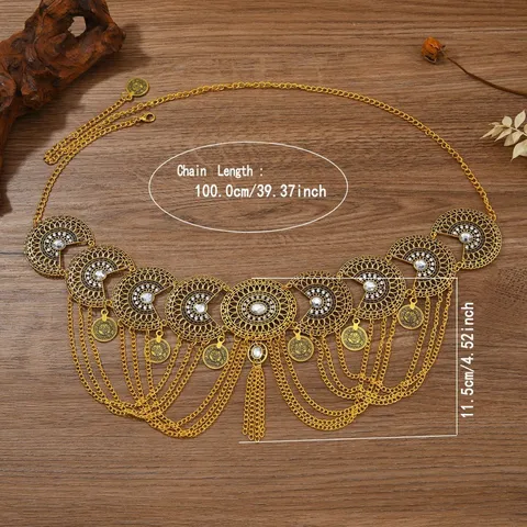 Bohemian Ethnic Style Tassel Coin Belly Dance Waist Chain For Women Antique Gold Plated Rhinestone Engraved Metal Plate Body Chain Jewelry Accessory