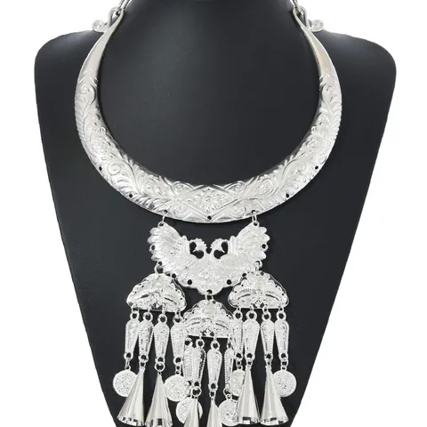 Ethnic Zinc Alloy Peacock Choker Tassel Statement Necklace Silver Plated Vintage Tribal Festival Jewelry For Women Men