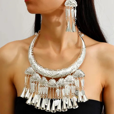 Vintage Ethnic Miao Silver Style Peacock Necklace Earrings Large Tassel Bell Pendant Statement Jewelry For Women Photography Props
