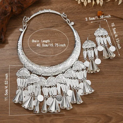 Vintage Ethnic Miao Silver Style Peacock Necklace Earrings Large Tassel Bell Pendant Statement Jewelry For Women Photography Props