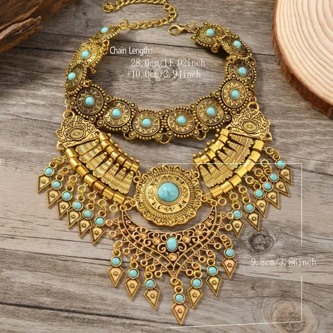 Vintage Zinklegierung Quaste Statement Schmuckset Für Damen Ethno Hohlgeschnitzt Wassertropfen Strass Choker Layered Kette