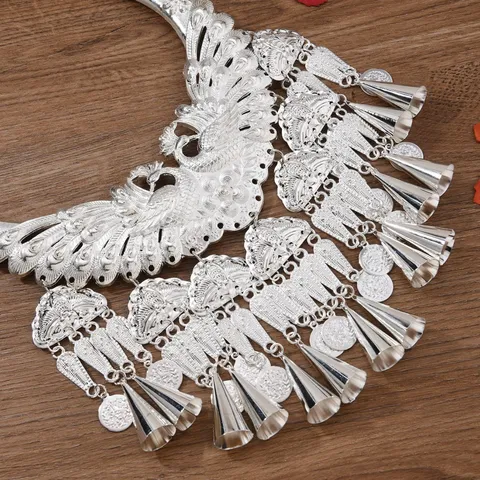 Ethnic Miao Style Zinc Alloy Peacock Choker Necklace With Bells Coin Pendants Silver Statement Performance Jewelry For Women