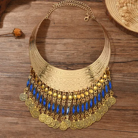 Statement Zinklegierung Strass Choker Halskette Ethno Vintage Mehrlagige Quaste Münzanhänger Halsband Für Party Damen Schmuck