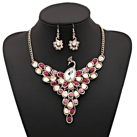 Vintage Alloy Rhinestone Peacock Pendant Necklace Earrings Set Statement Animal Jewelry Set For Women Banquet Party