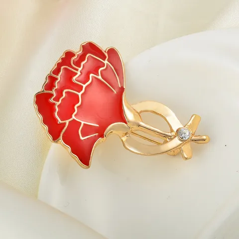 Red Carnation Brooch Rhinestone Alloy Enamel Flower Pin Fashion Accessories For Women Mothers Day Gift