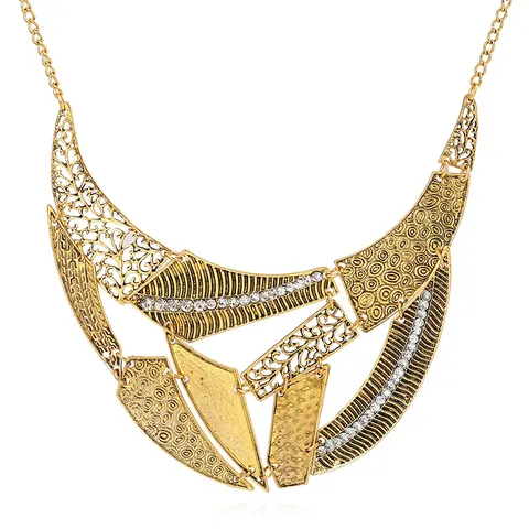Retro Punk Alloy Statement Necklace For Women Vintage Exaggerated Geometric Splice Rhinestone Chunky Chain Jewelry