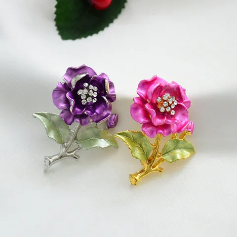 Korean Style Alloy Rhinestone Camellia Brooch Pin Oil Drop Flower Corsage Fashion Jewelry Accessory For Women