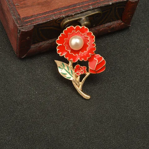 Carnation Flower Brooch Pin Alloy Enamel Floral Rhinestone Pearl Mother's Day Gift Women Fashion Jewelry