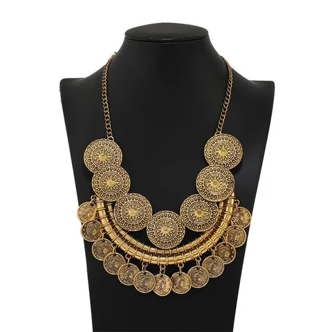 Vintage Alloy Coin Statement Necklace For Women Boho Layered Choker Chained Chandelier Pendant Geometric Totem Jewelry Gift