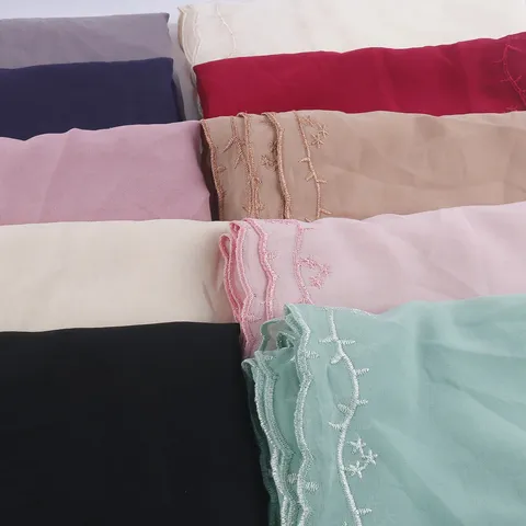 Women's Fashion Chiffon Scarf Square Hijab With Delicate Embroidery Lace Trim Lightweight Versatile Shawl Head Wrap