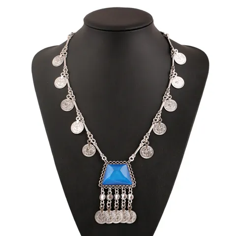 Bohemian Antique Silver Plated Alloy Geometric Rhinestone Statement Necklace Vintage Coin Tassel Fringe Drop Choker Necklace For Party Women Jewelry Gift