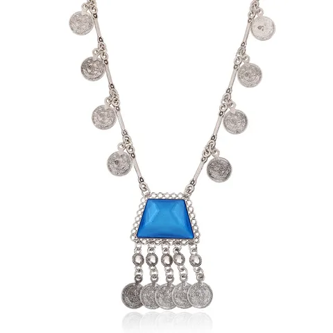 Bohemian Antique Silver Plated Alloy Geometric Rhinestone Statement Necklace Vintage Coin Tassel Fringe Drop Choker Necklace For Party Women Jewelry Gift