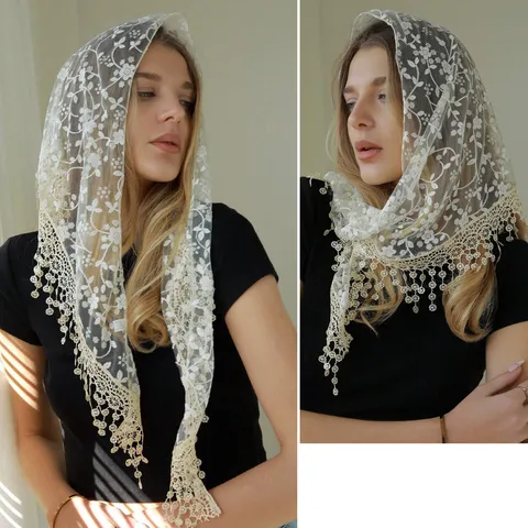 Women's Lace Triangle Head Scarf Floral Sequin Tassel Hollow Breathable Shawl European And American Fashion Headwear