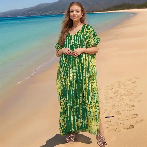 Γυναικείο Cover-Up Παραλίας Διακοπές Tie-Dye Σχέδιο Μακρύ Φόρεμα V-Laimokopsi Amaniko Plus Size Maxi Φόρεμα Καλοκαιρινό Casual Nty