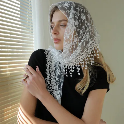 Women's Lace Triangle Head Scarf Floral Sequin Tassel Hollow Breathable Shawl European And American Fashion Headwear