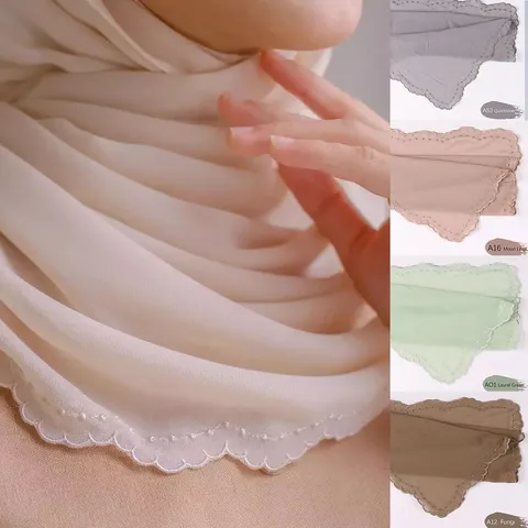 Bufanda de Chifón de Moda para Mujer Elegante Bordado de Perlas Encaje Ondulado Pañuelo Chal Largo Hijab