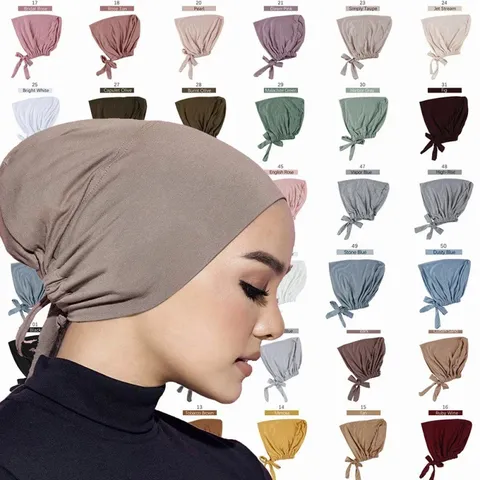 Mujer Modal Elástico Corbata Gorro Interior Color Sólido Ajustable Cubierta de Cabeza Turbantes Musulmanes Bufanda Versátil Simple