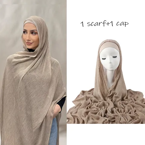 Women Solid Color Pleated Rayon Long Scarf And Elastic Bucket Hat Set Muslim Turban Hijab Daily Fashion Neckwear