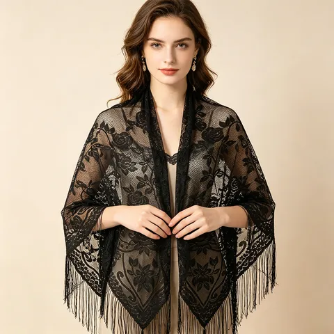 Women Lace Hollow Triangle Scarf Sun Protection Shawl Floral Breathable Wedding Veil