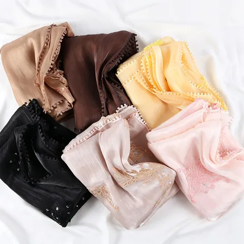 Women Fashion Crinkle Crepe Long Scarf Polyester Hijab Metallic Silk Floral Embroidered Lightweight Breathable Head Scarf