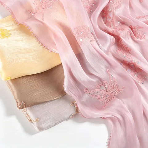 Women Fashion Crinkle Crepe Long Scarf Polyester Hijab Metallic Silk Floral Embroidered Lightweight Breathable Head Scarf