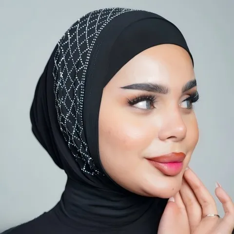 Women Modal Fiber Hotfix Rhinestone Beanie Hat Ethnic Style Solid Color Solid Color Breathable Warm Daily Headwrap Muslim Cap