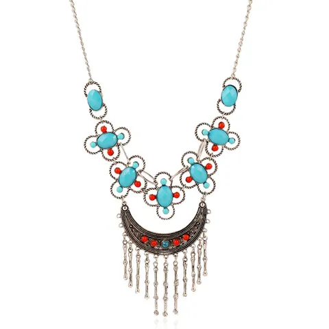 Bohemian Vintage Alloy Multicolor Resin Rhinestone Flower Pendant Necklace Euro-American Exaggerated Crescent Moon Tassel Statement Bib Necklace Jewelry For Women Party