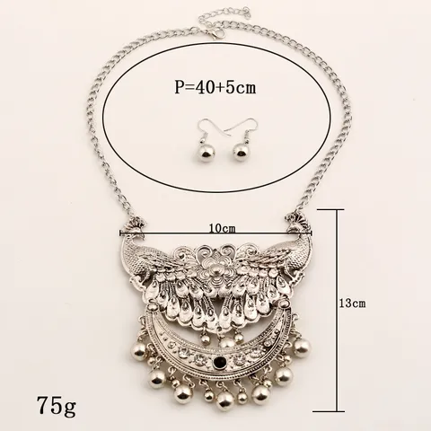 Vintage Court Style Alloy Rhinestone Peacock Statement Pendant Necklace Earrings Jewelry Set Carved Tassel Statement Necklace For Women Banquet Party