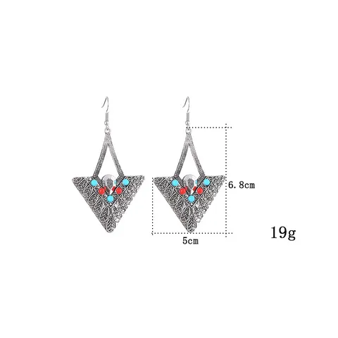 Vintage Alloy Triangle Engraved Drop Earrings For Women Ethnic Geometric Inlaid Bead Rhinestone Earrings Boho Jewelry Gift