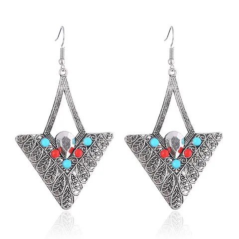 Vintage Alloy Triangle Engraved Drop Earrings For Women Ethnic Geometric Inlaid Bead Rhinestone Earrings Boho Jewelry Gift